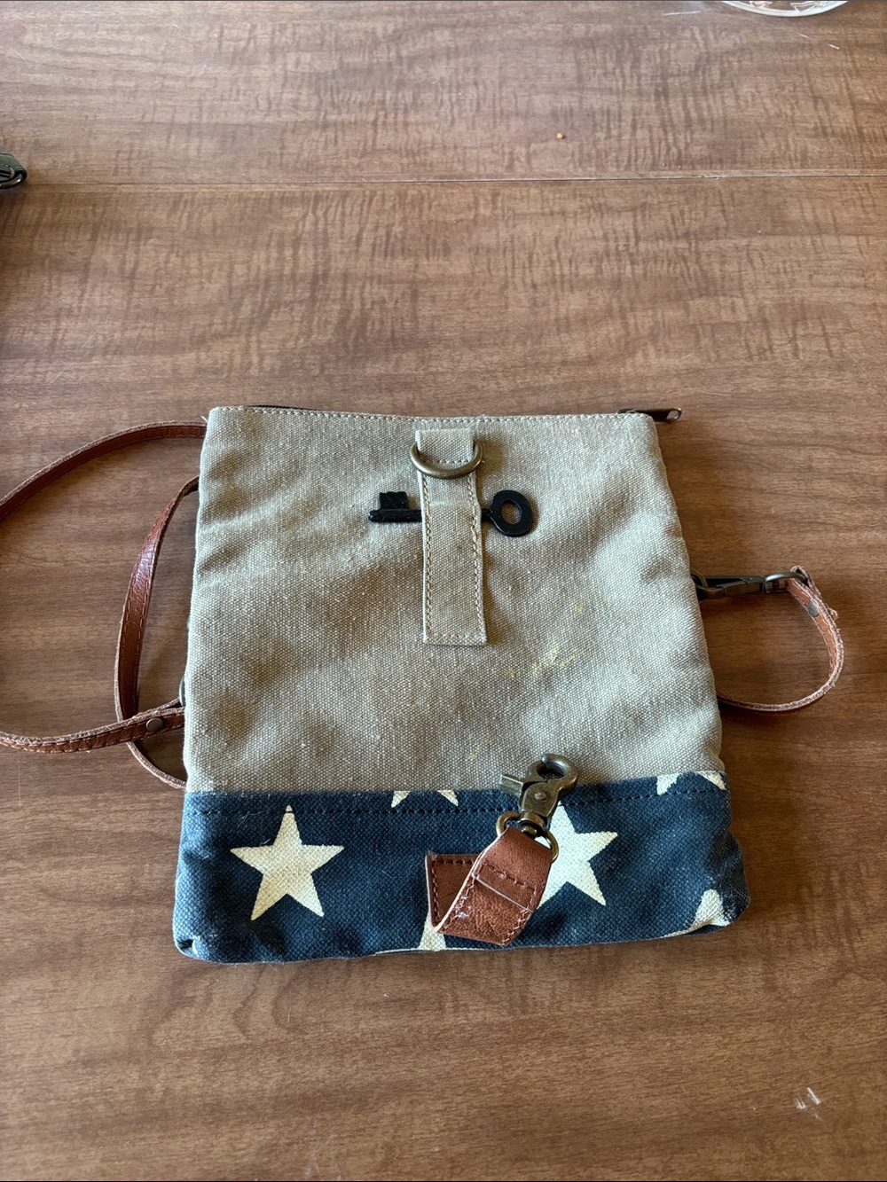 Canvas Crossbody Bag with Star Accent - Beige and Navy